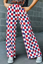 Red 2-Tone Checked Print High Waist Wide Leg Pants