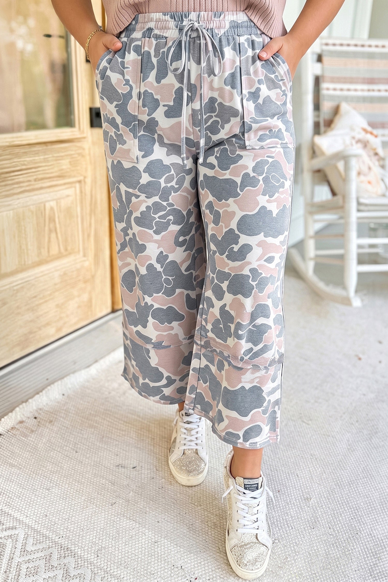 Khaki Camouflage Print Ankle-Length Plus Size Pants
