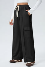 Black Solid Color Drawstring Elastic Waist Cargo Patch Pocket Active Pants