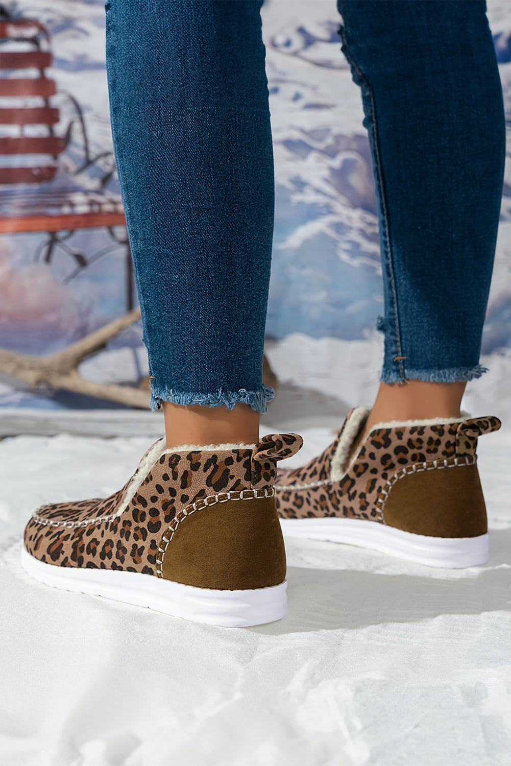 Leopard Print Ankle Patched Flat Winter Fur Boots