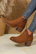 Studded Faux Leather Chunky Heel Ankle Boots
