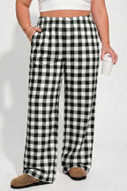 Black Plus Size Plaid Pattern Elastic Waist Shift Pants