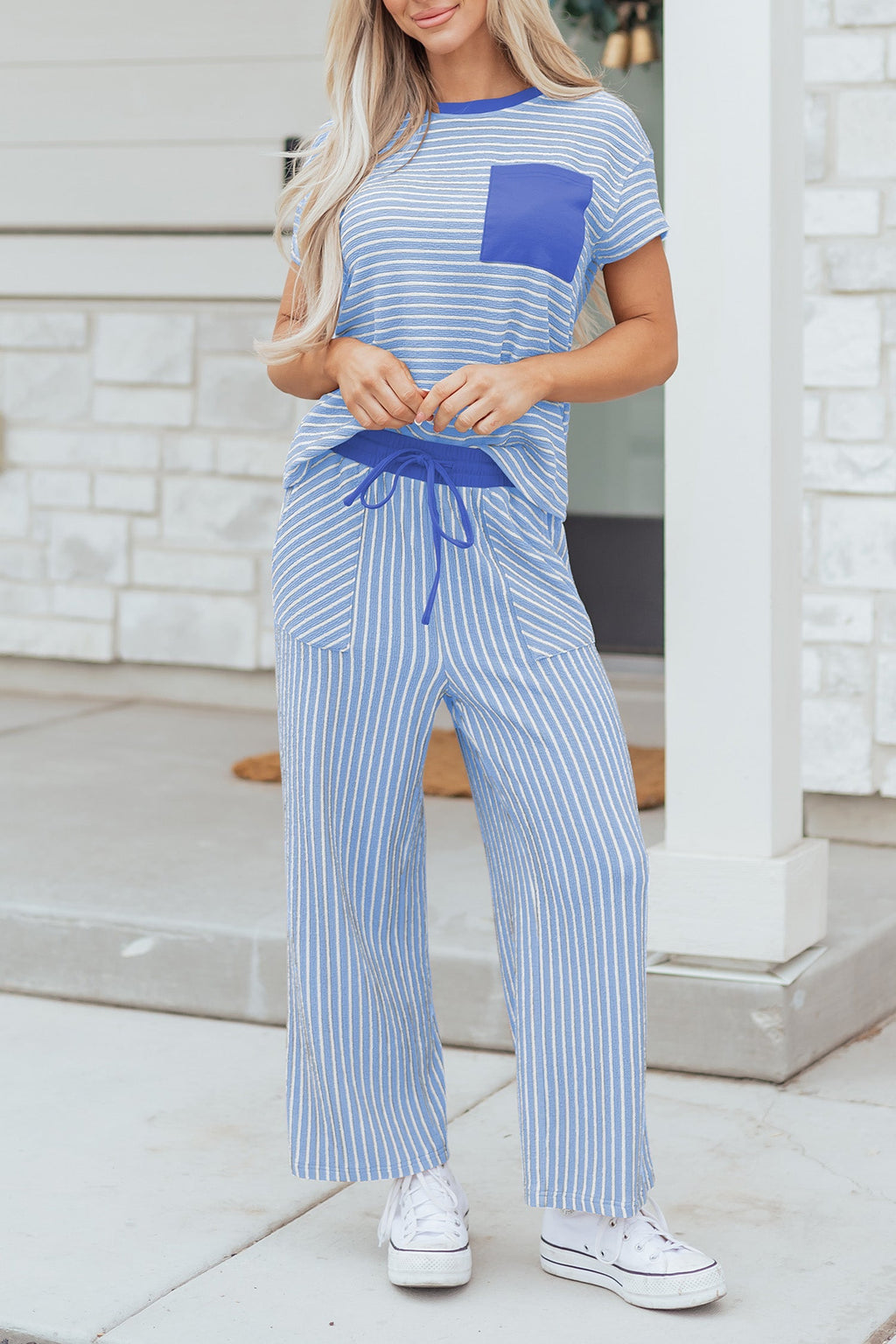 Sky Blue Stripe Crew Neck Tee Drawstring Waist Cropped Pants Set