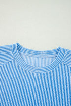 Blue Solid Corded Knit Short Sleeve T Shirt and Wide Leg Pants Set