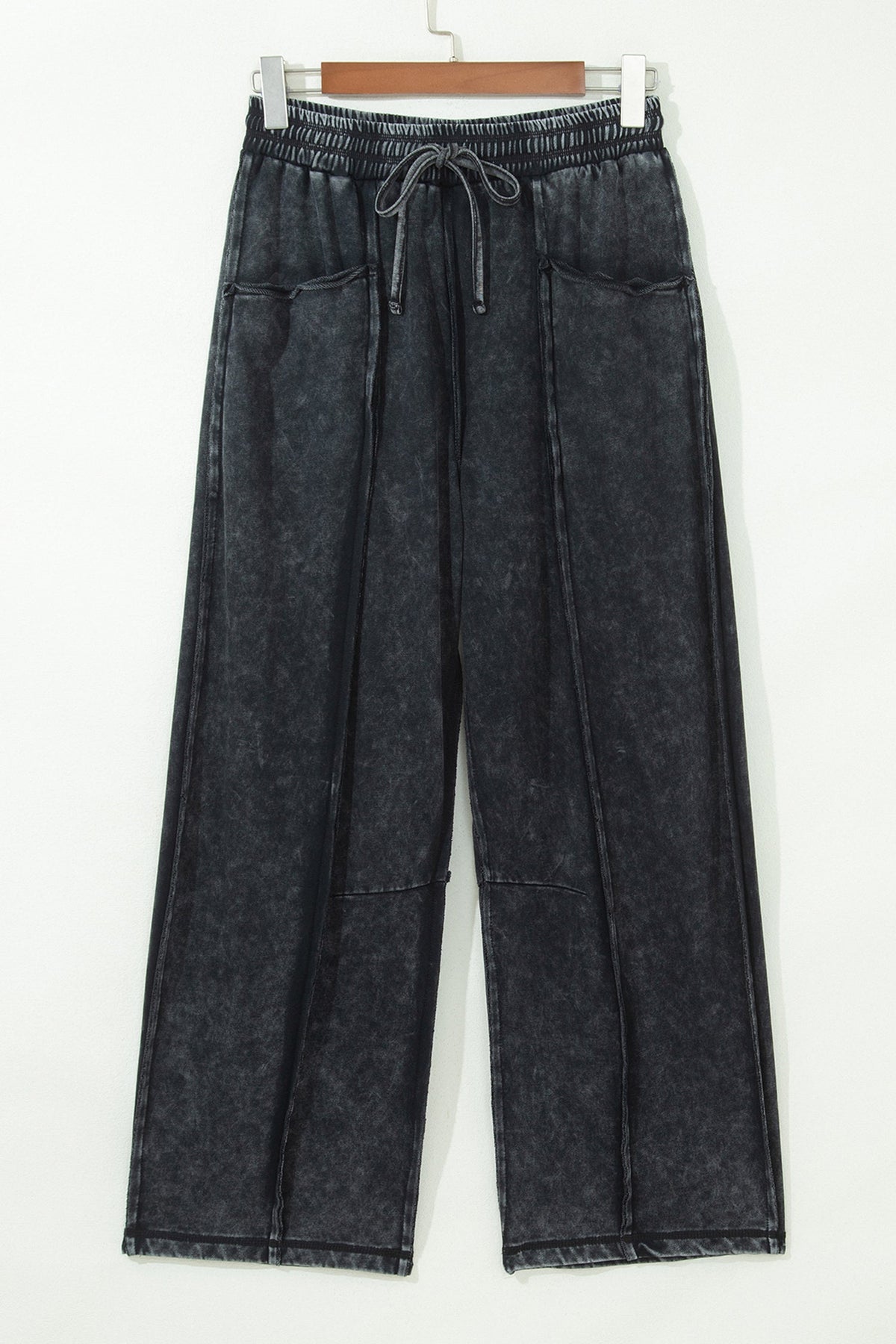 Black Raw Seam Drawstring Elastic Waist Barrel Pants