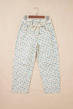Beige Grommet Knot Waist Floral Barrel Leg Jeans