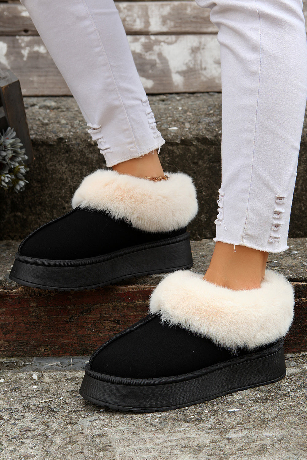 Plush Suede Trim Thick Sole Flat Snow Boots