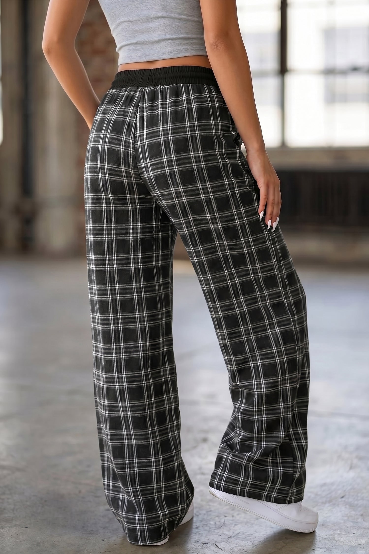 Black Frenchy Plaid Pattern Contrast Wide Leg Pants