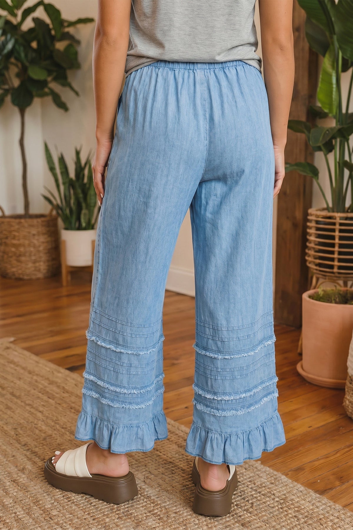 Casual Beau Blue Ruffled Hem Wide Leg Chambray Pants