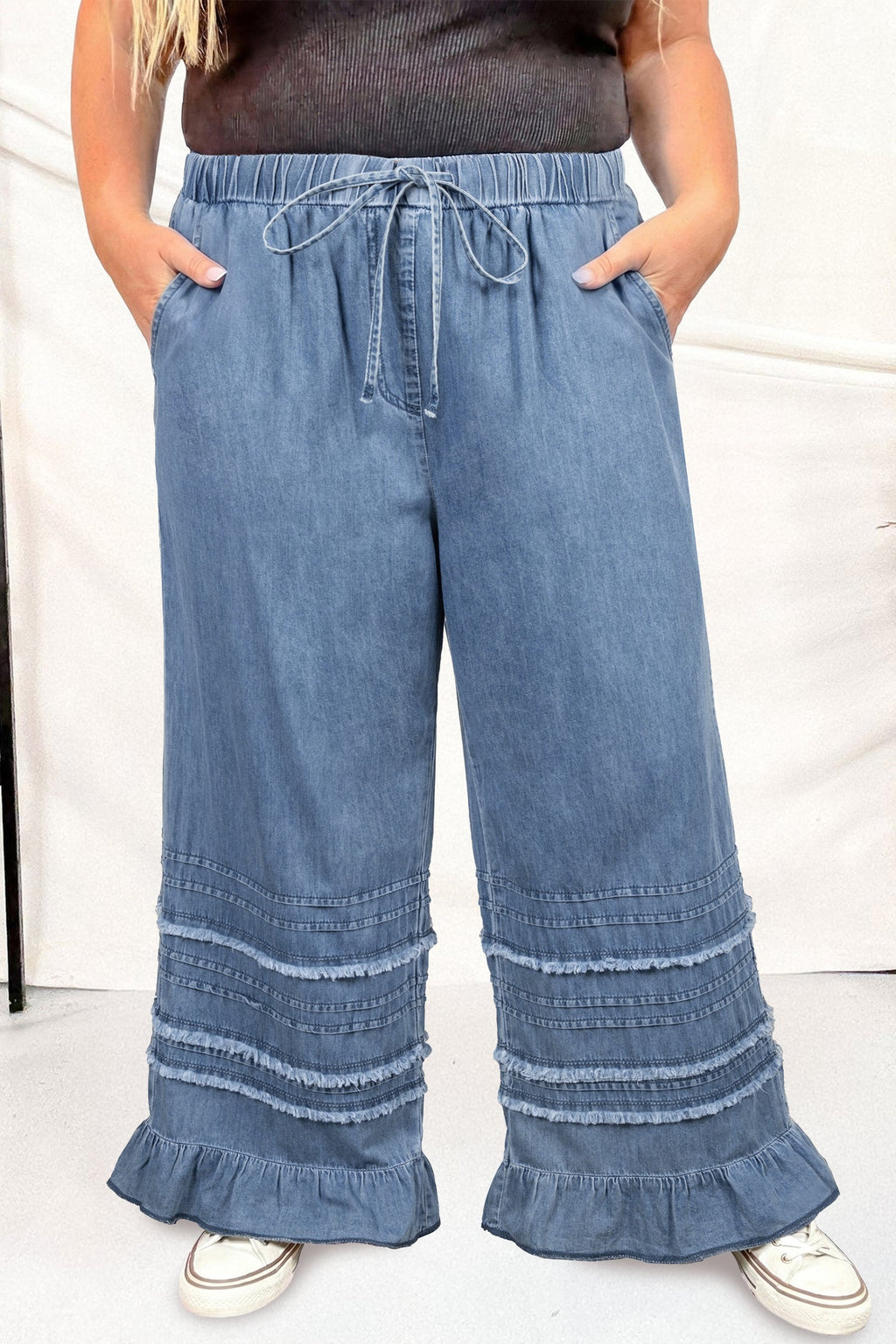 Dusk Blue Ruffled Plus Size Wide Leg Denim Pants