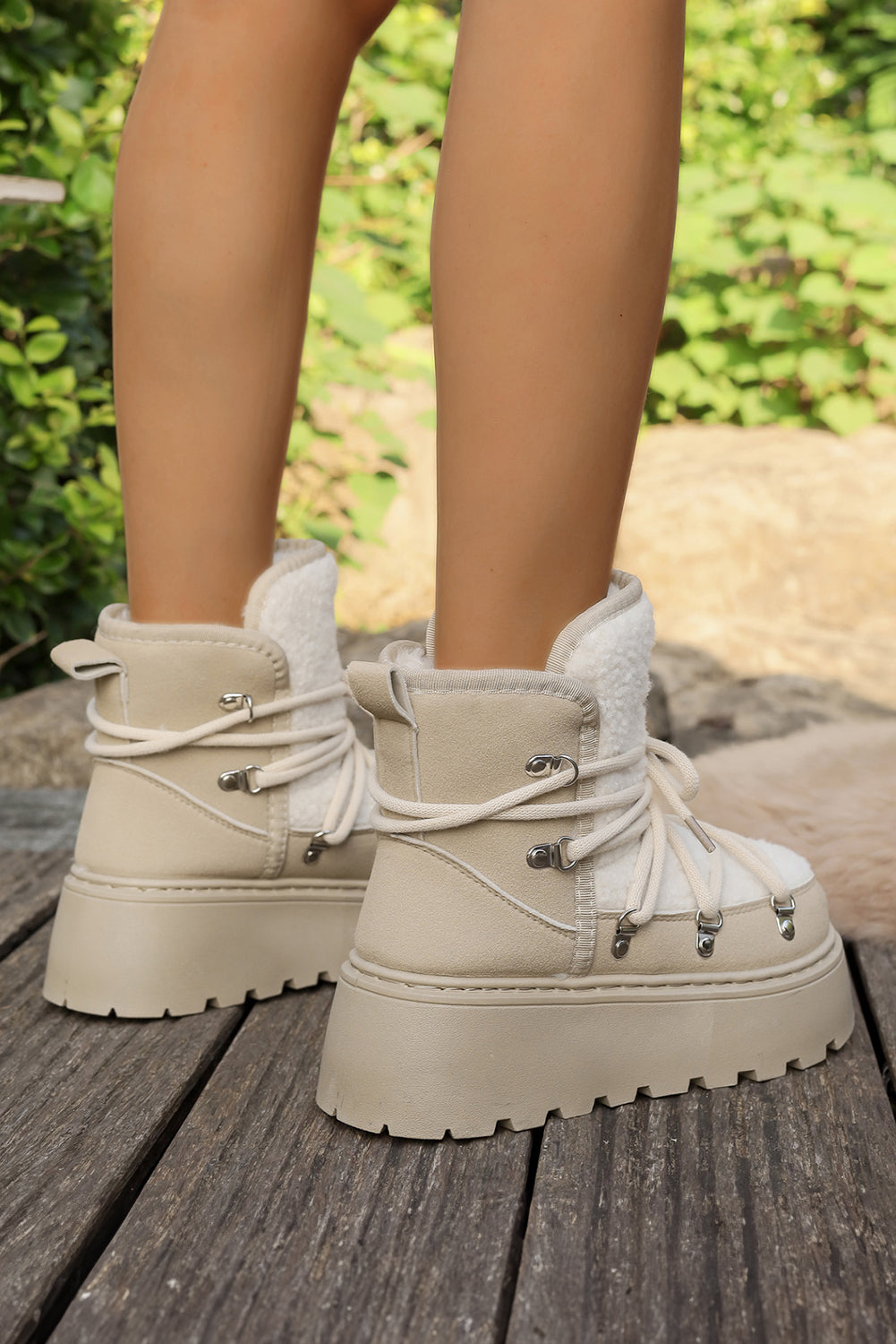 Sherpa PU Leather Patchwork Lace-up Thick Bottom Snow Boots
