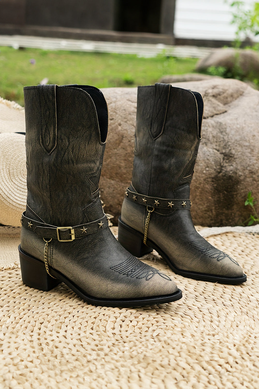 Western Distressed Pointed Toe Chunky Heel Boots