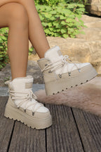 Sherpa PU Leather Patchwork Lace-up Thick Bottom Snow Boots