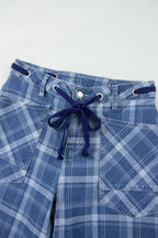 Sky Blue Plaid Denim Grommet Drawstring Waist Ankle-Length Jeans