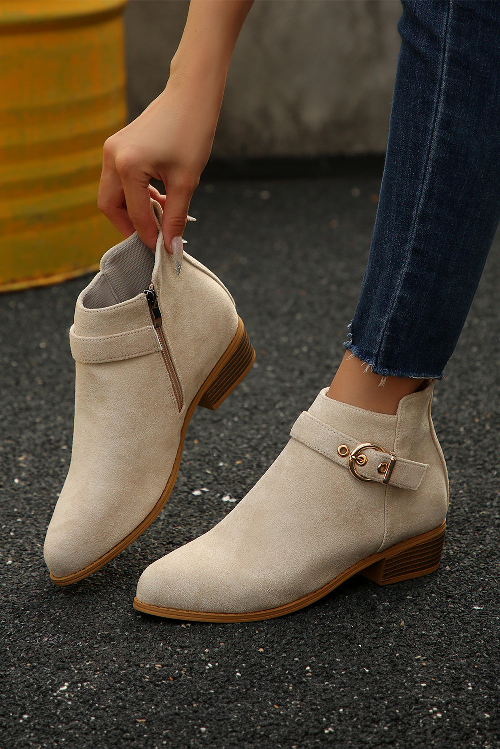 Classic Buckle Strap Chunky Heel Suede Boots