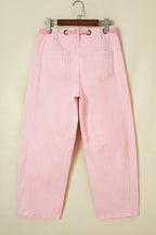 Light Pink Solid Color Grommet Detail Knot Waist Barrel Jeans