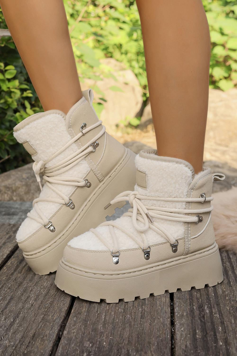 Sherpa PU Leather Patchwork Lace-up Thick Bottom Snow Boots